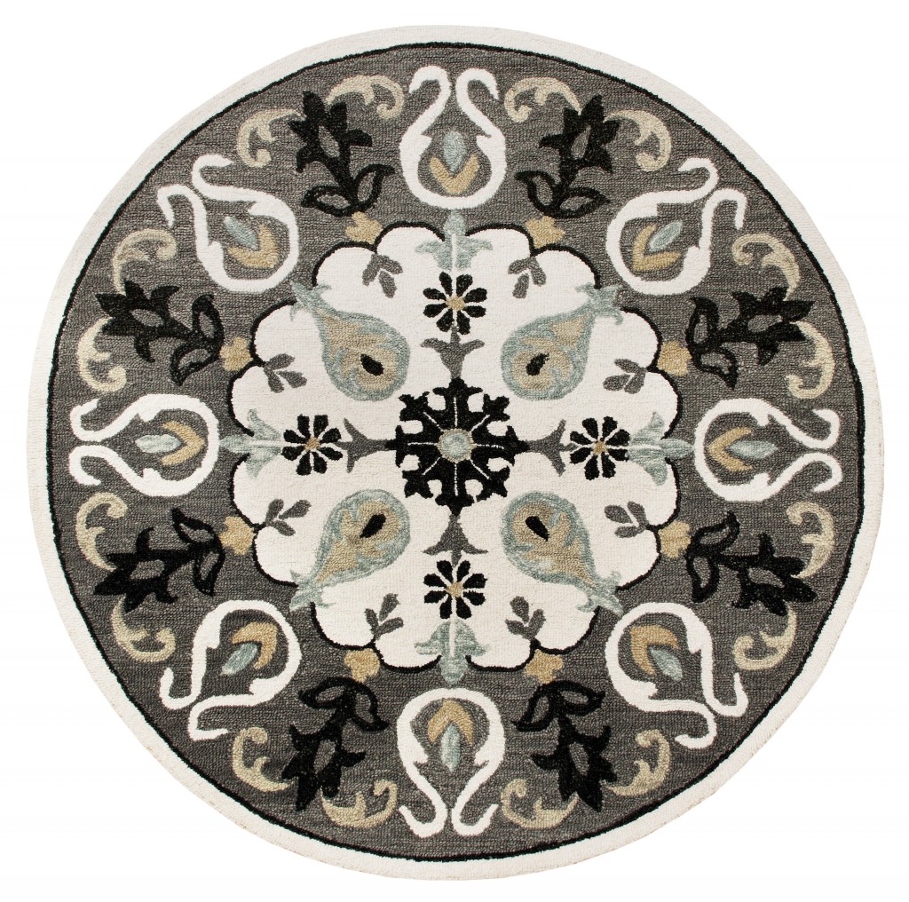 5 ft. Round Gray & White Floral Medallion Area Rug