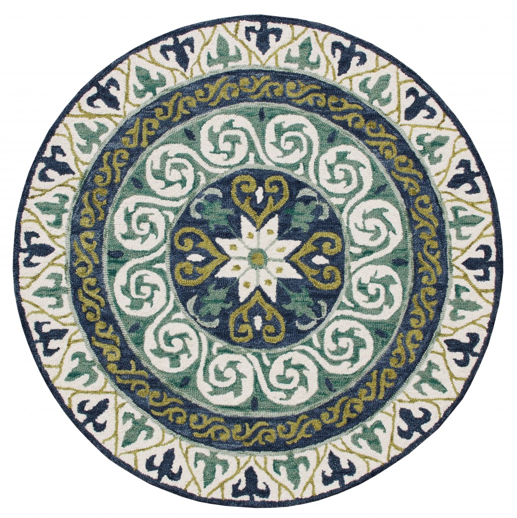 5 ft. Round Blue & Green Ornate Medallion Area Rug