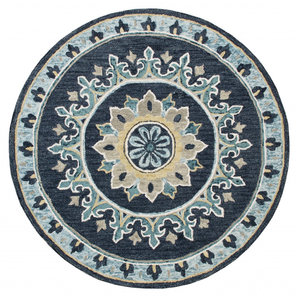 5 ft. Round Blue Floral Medallion Area Rug - Blue - 5'