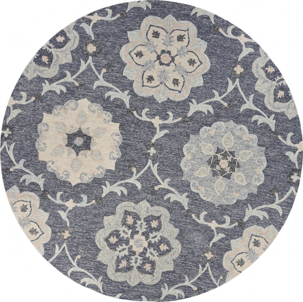7 ft. Round Gray Floral Trellis Area Rug