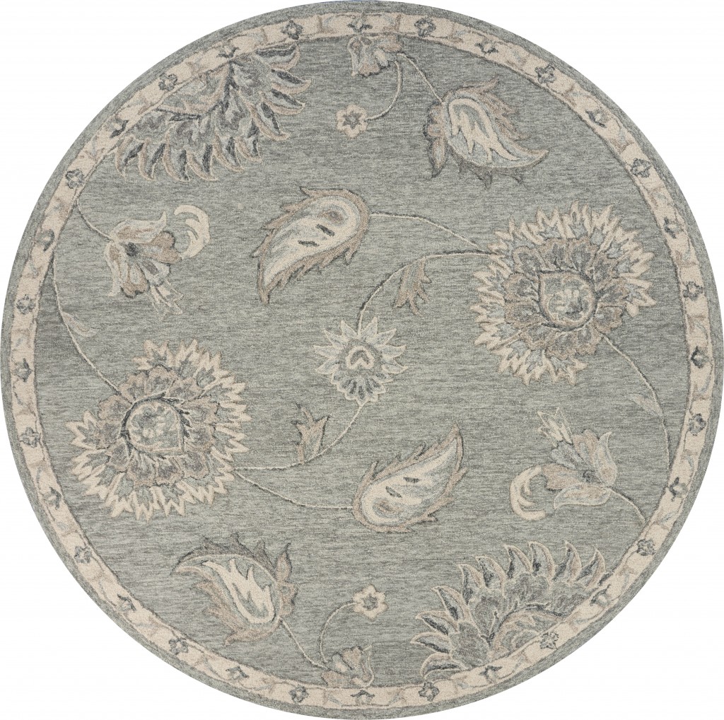 7 ft. Round Light Gray Floral Area Rug - Gray - 7'