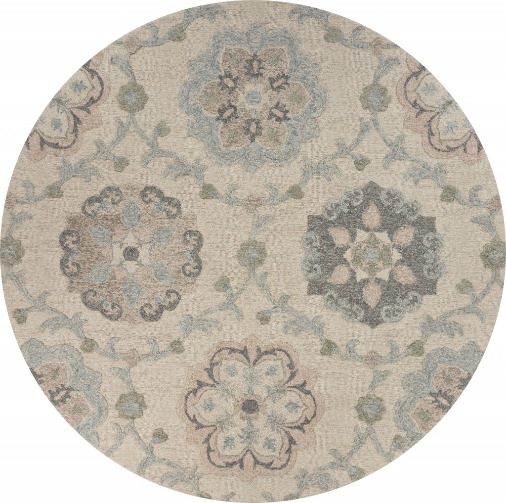 5 ft. Intricate Floral Round Area Rug - Ivory