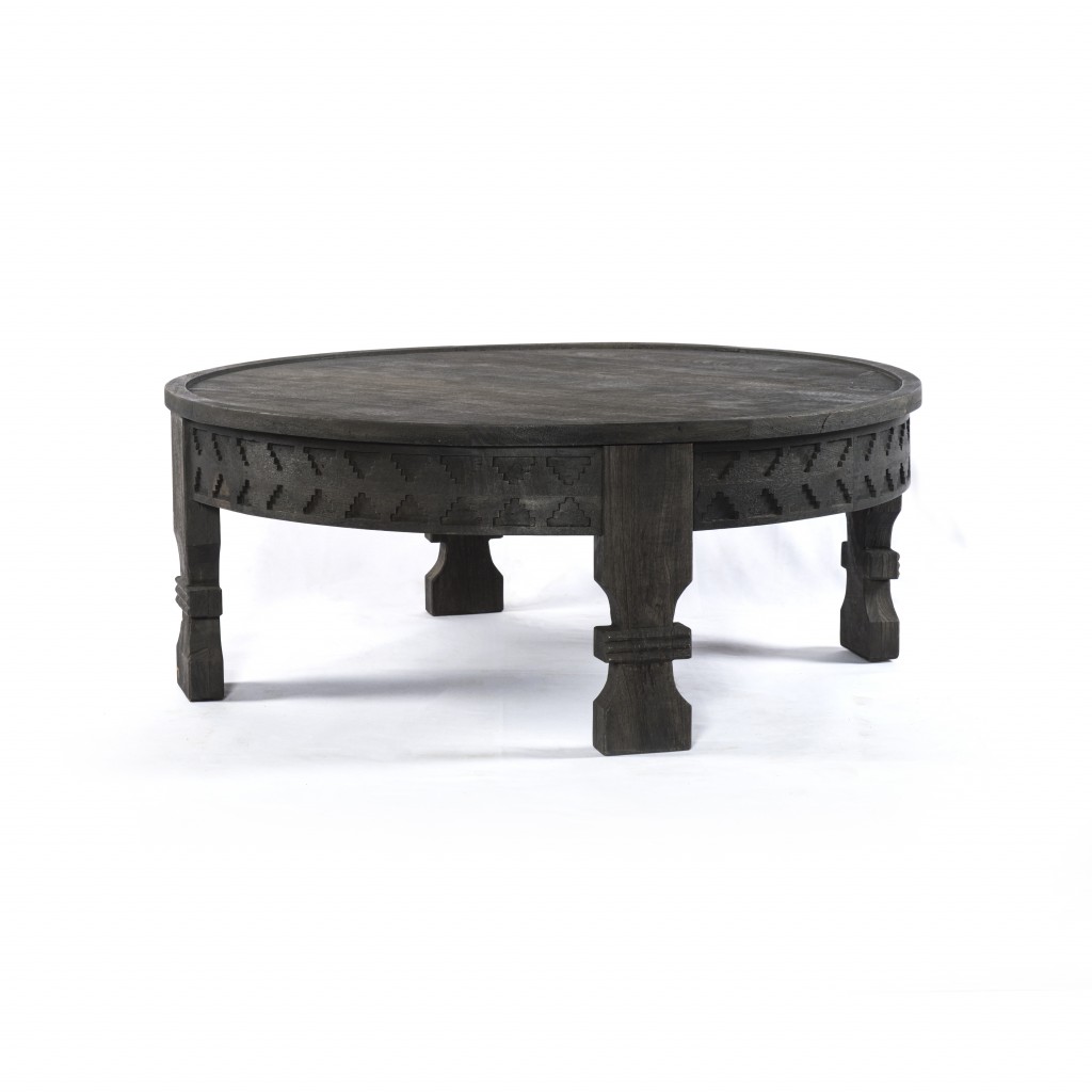 Carved Round Wooden Coffee Table, Gray & Black