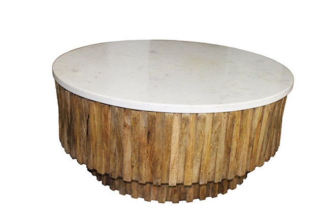 19 x 42 x 42 in. Round Marble Top & Wooden Strips Coffee Table, White & Brown