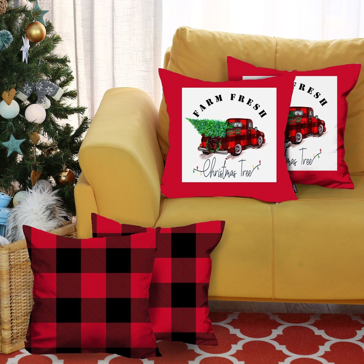 Picture of HomeRoots 400933 Multi Color Red Plaid & Red Truck Throw Pillow Covers&#44; Set of 4
