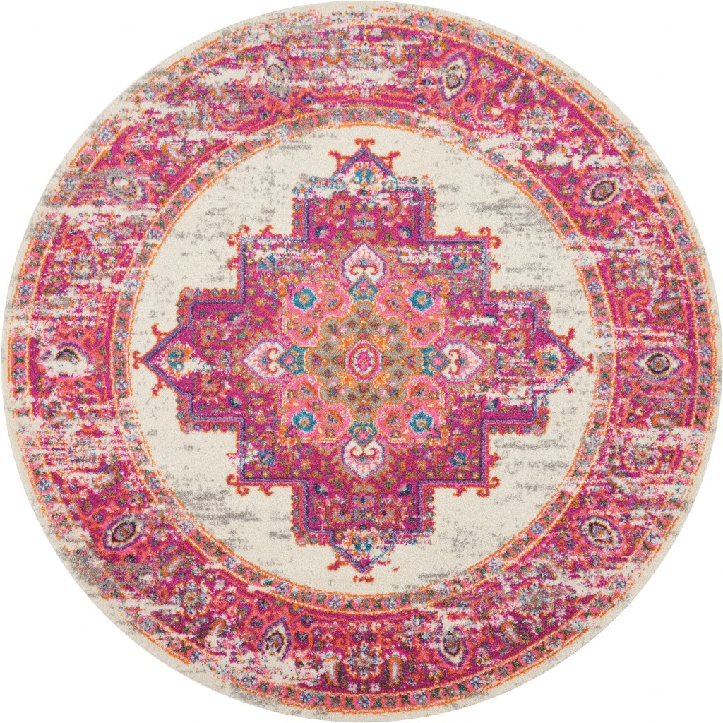 4 ft. Round Ivory & Fuchsia Distressed Area Rug
