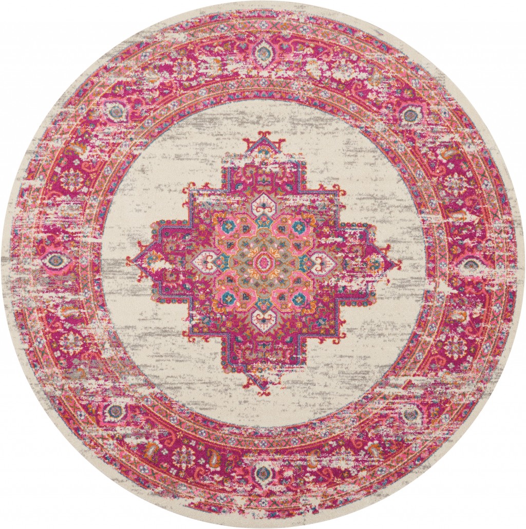 8 ft. Round Ivory & Fuchsia Distressed Area Rug