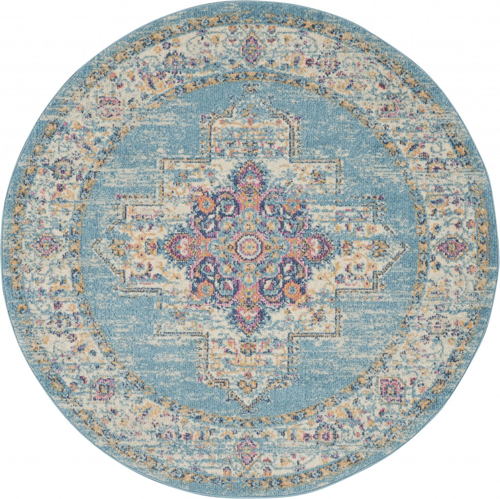5 ft. Round Light Blue Distressed Medallion Area Rug - Light Blue - 5'