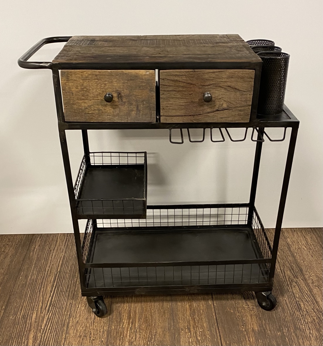 37 x 19 x 33 in. Rolling Rustic Black & Natural Bar Cart