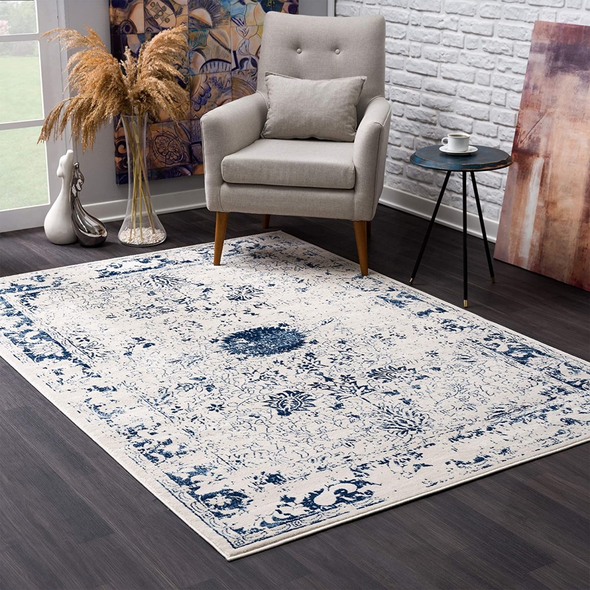 8 x 11 ft. Navy Blue Distressed Floral Area Rug