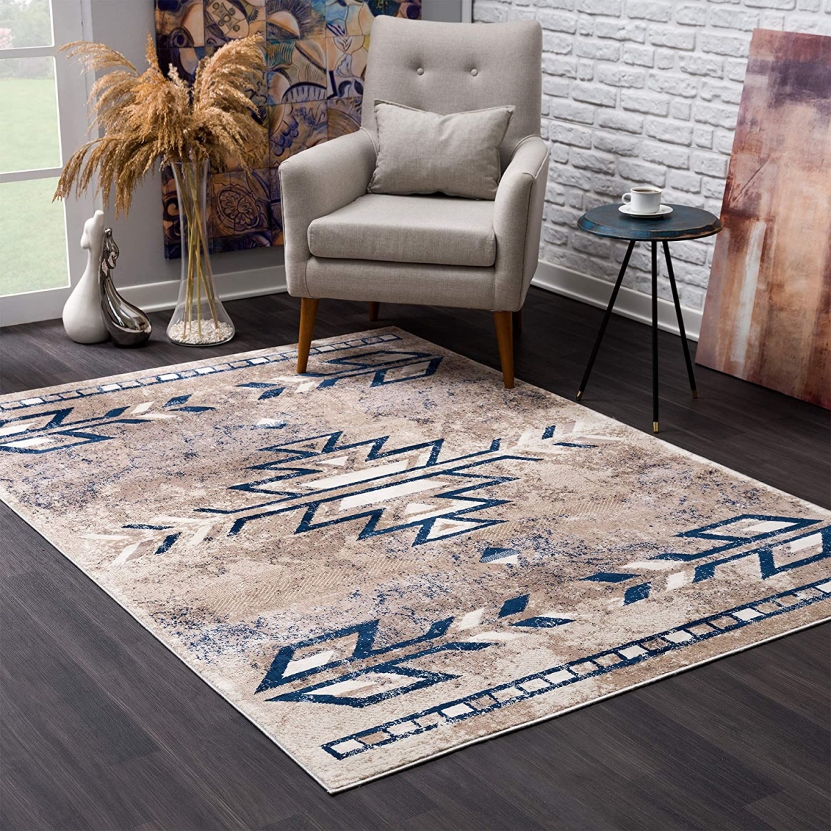 4 x 6 ft. Beige & Blue Boho Chic Area Rug