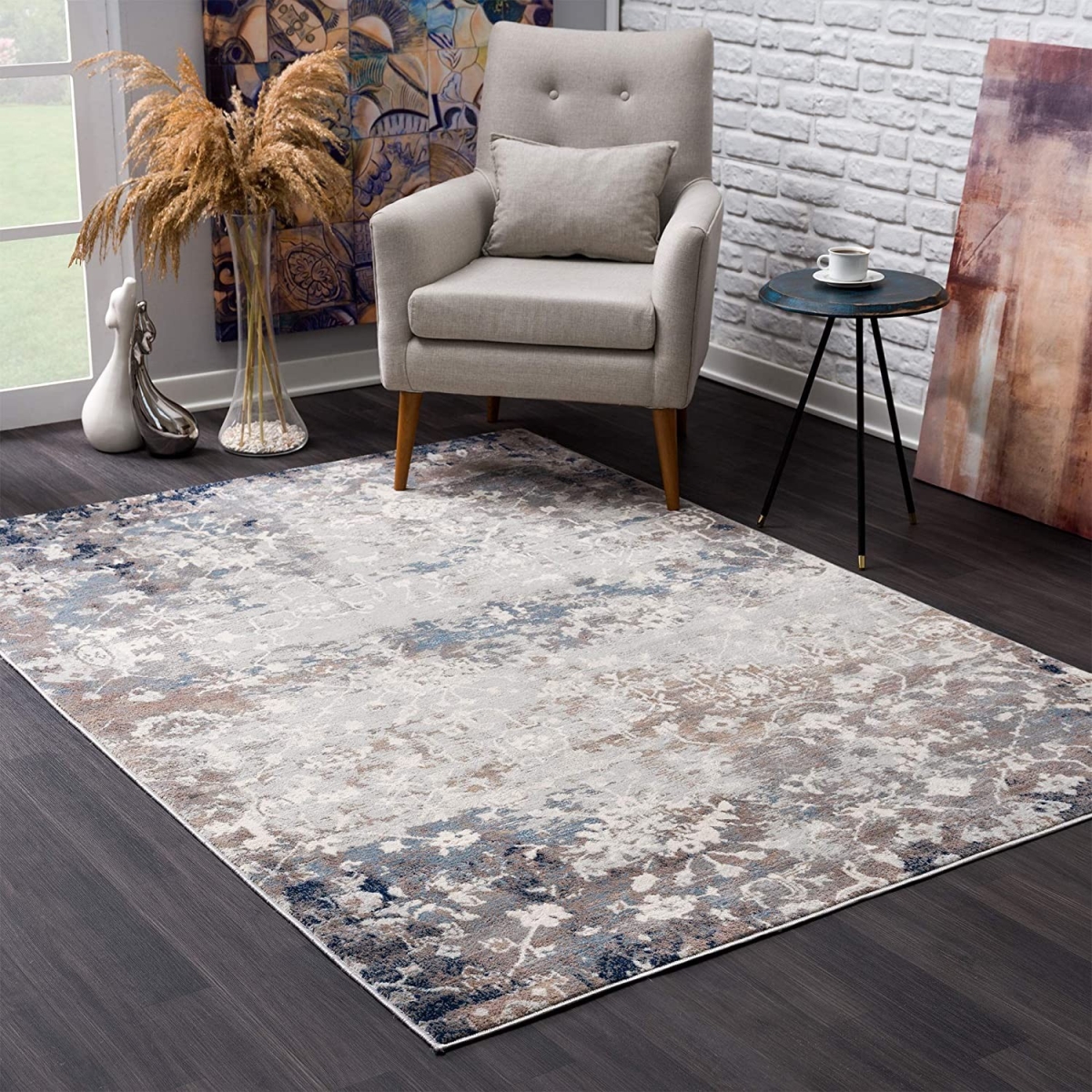 390176 2 x 5 ft. Distressed Vines Rectangle Area Rug, Navy & Beige
