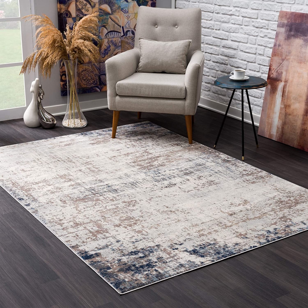 2 x 5 ft. Distressed Striations Rectangle Area Rug, Navy Blue