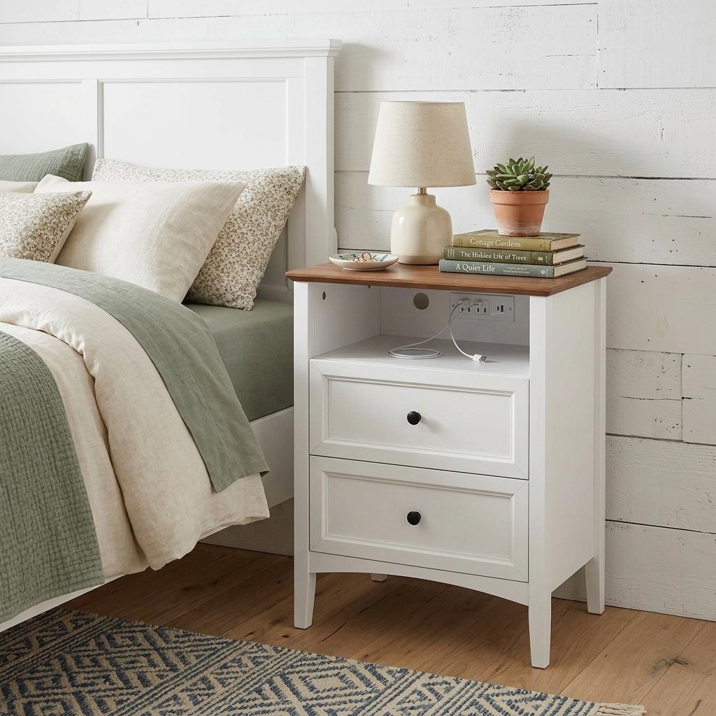 772577 26 in. White Wood Two Drawer Nightstand with USB Port & Integrated Tech