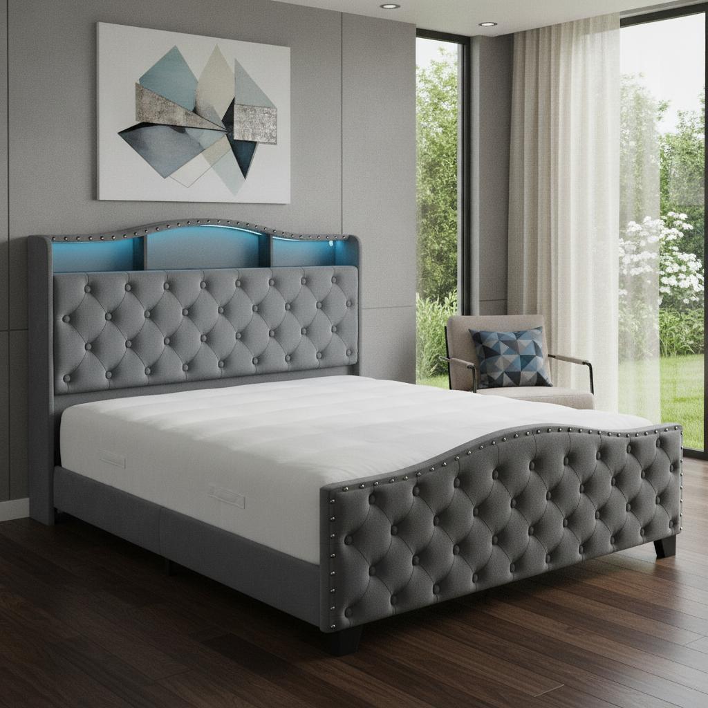772601 Gray Tufted Velvet Upholstered Queen Size Bed Frame with Lights USB & Shelves