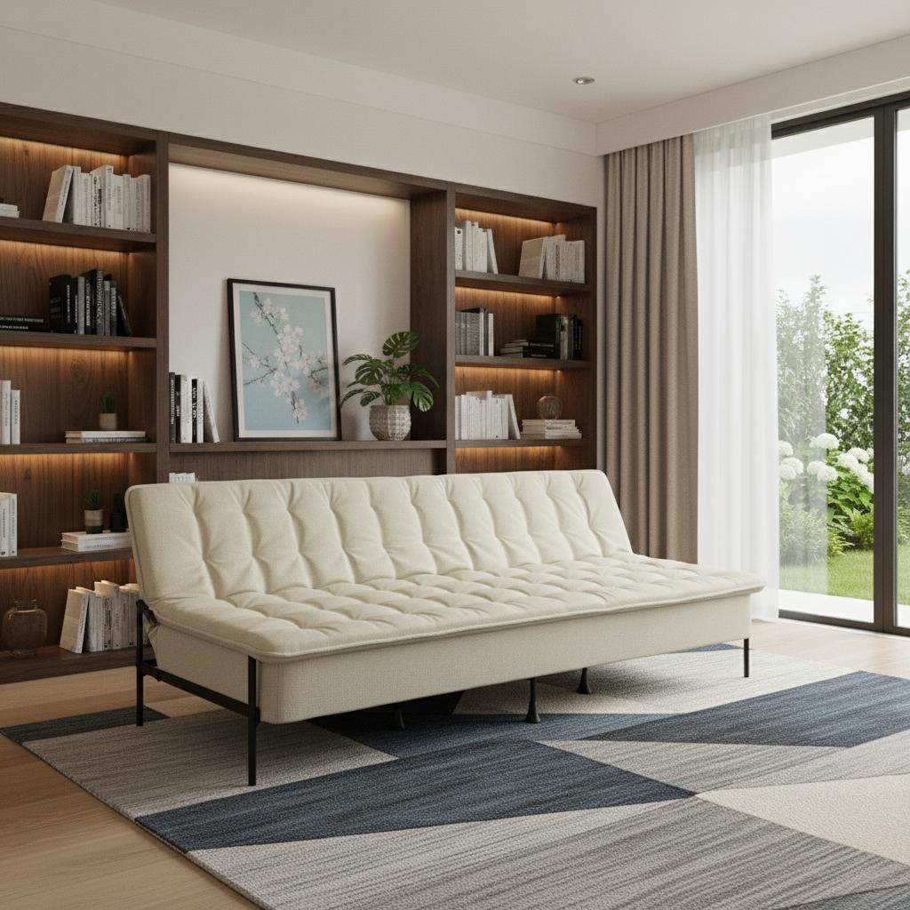 719576 77 in. Beige Upholstered Convertible Futon Sleeper Sofa