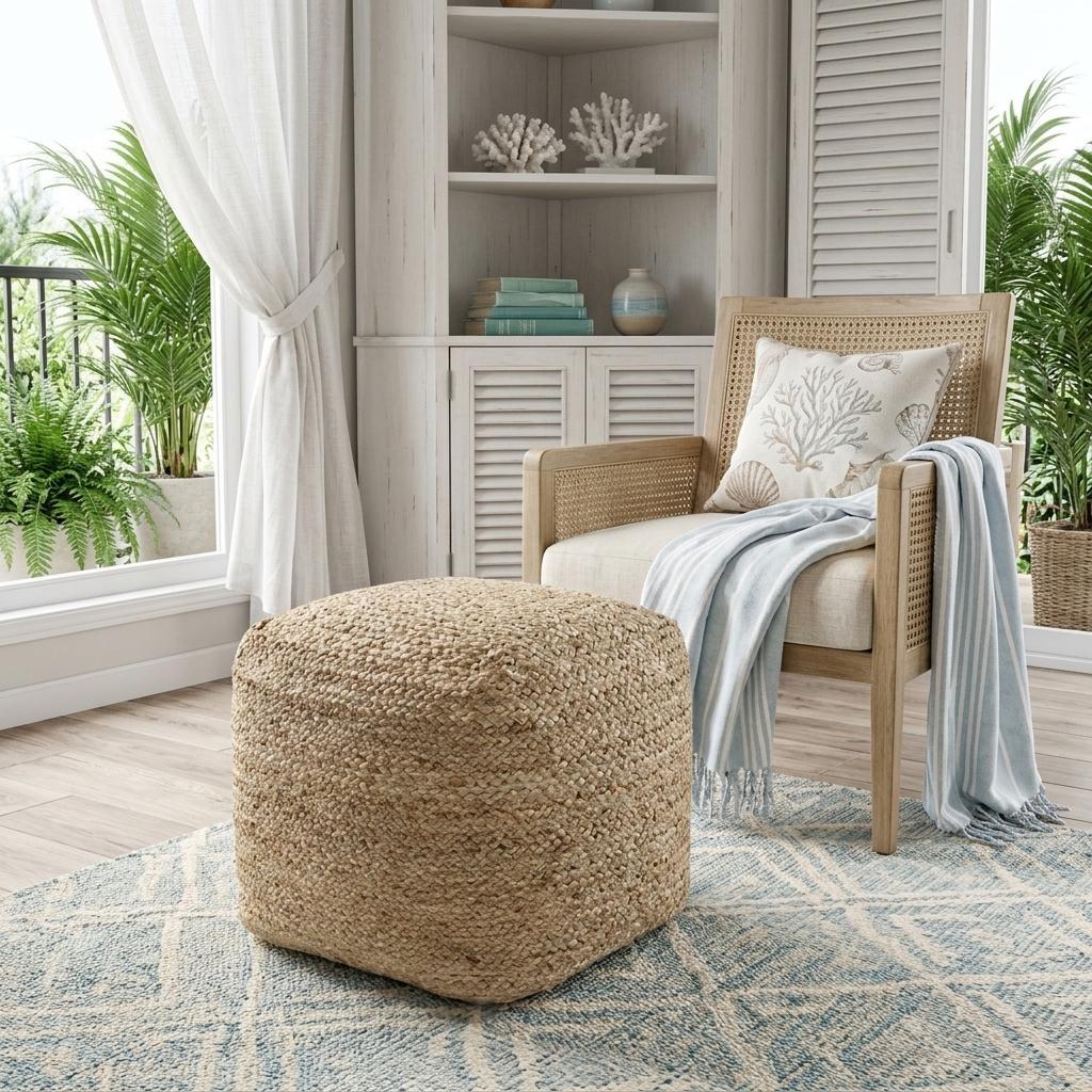 710487 18 in. Beige Jute Pouf Ottoman