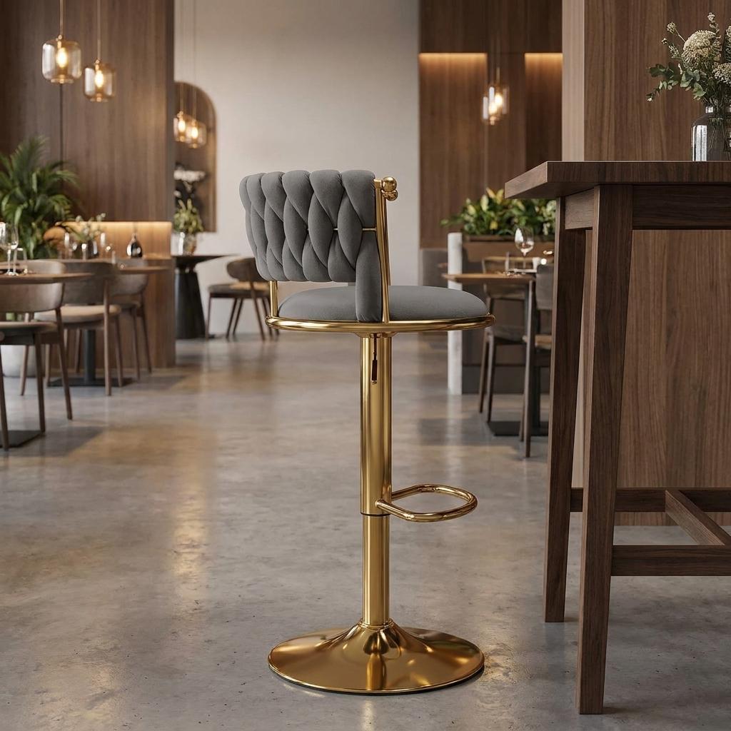 754778 Gray & Gold Velvet & Metal Low Back Adjustable Height Swivel Bar Chair