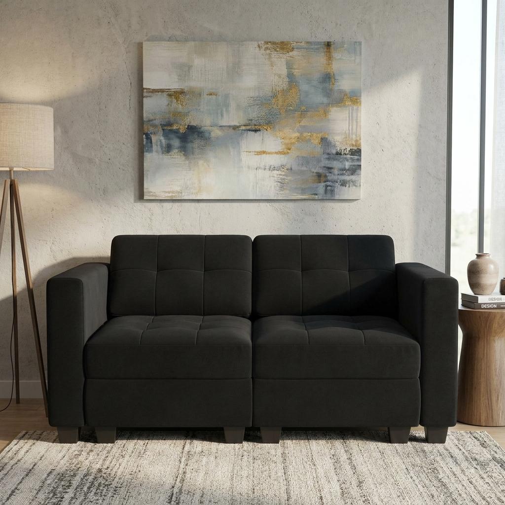 767184 64 in. Black Velvet Modular Loveseat with Storage