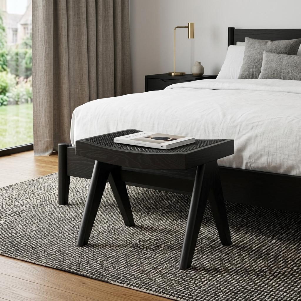 732380 22 in. Black Solid Wood & Cane Bench