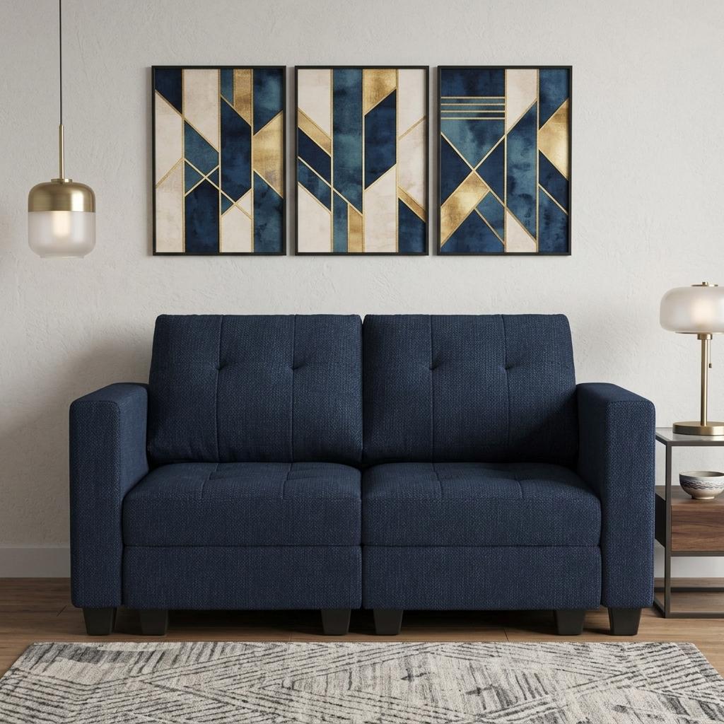 767182 64 in. Blue & Black Linen Blend Modular Loveseat with Storage & Toss Pillows