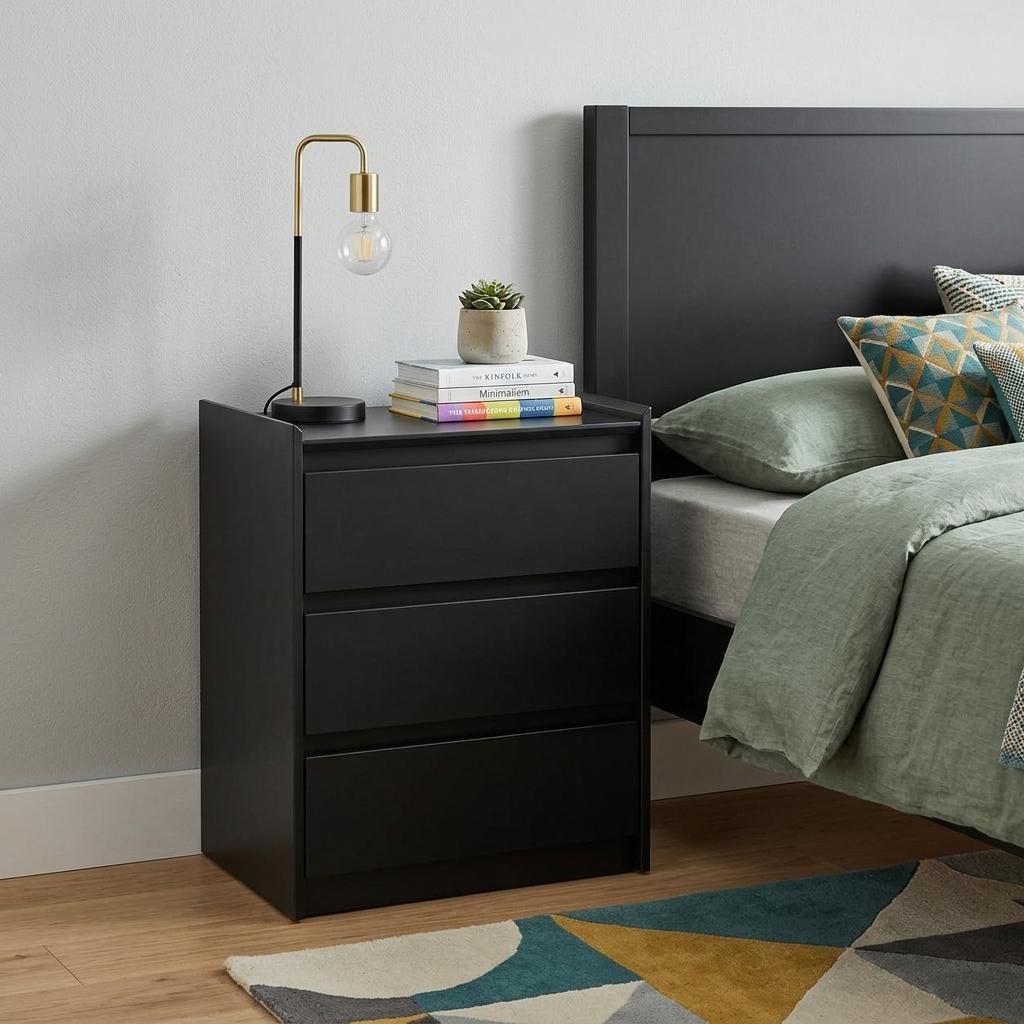 772559 24 in. Black Wood Three Drawer Nightstand with USB Port & Integrated Tech