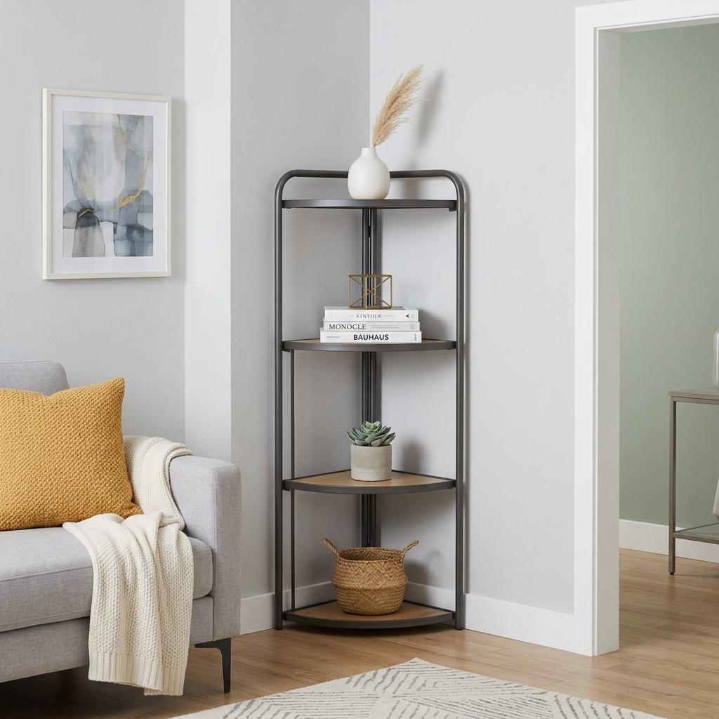 738642 47 in. Brown Distressed Metal & Wood Four Tier Corner Bookcase