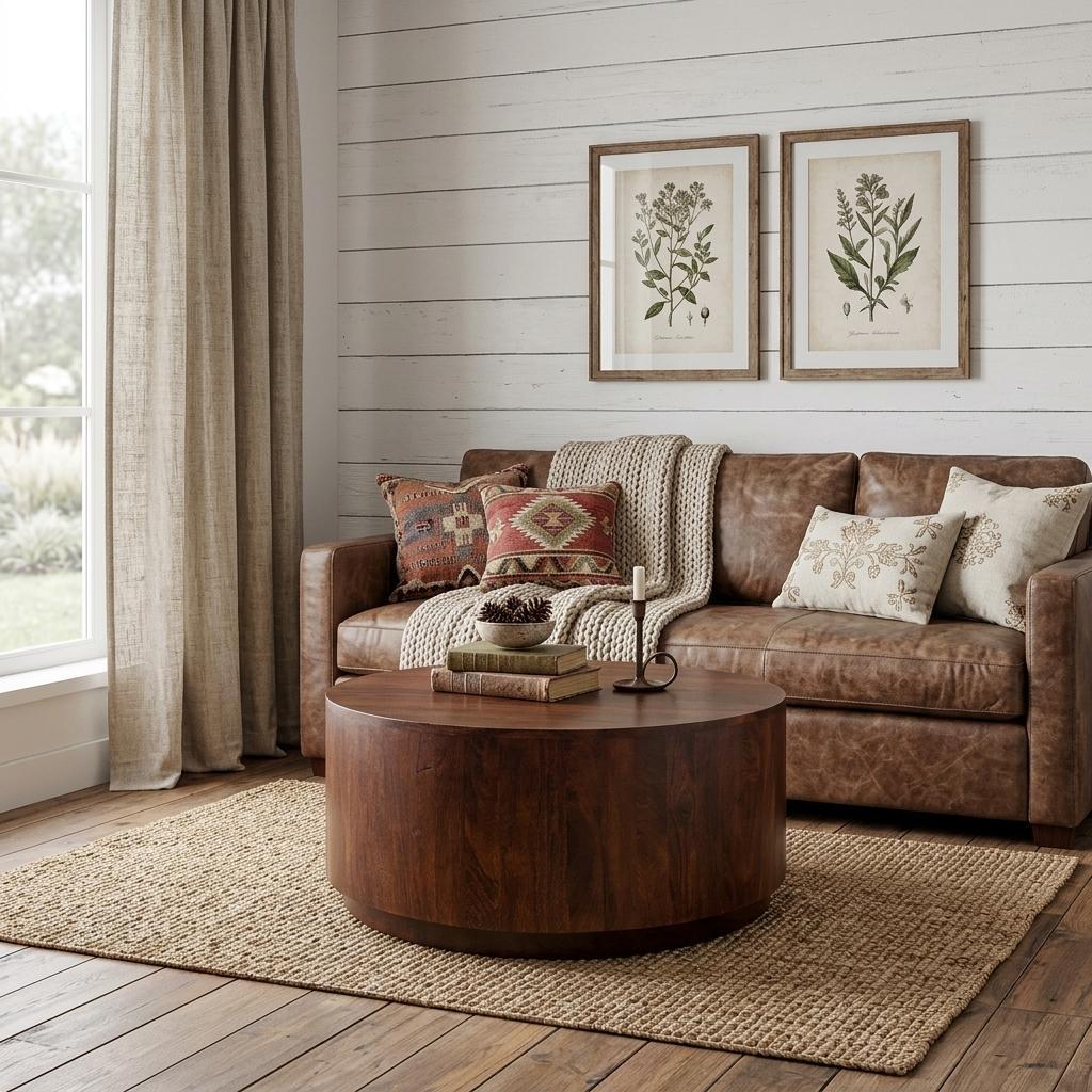 745451 42 in. Chestnut Solid Wood Round Drum Coffee Table
