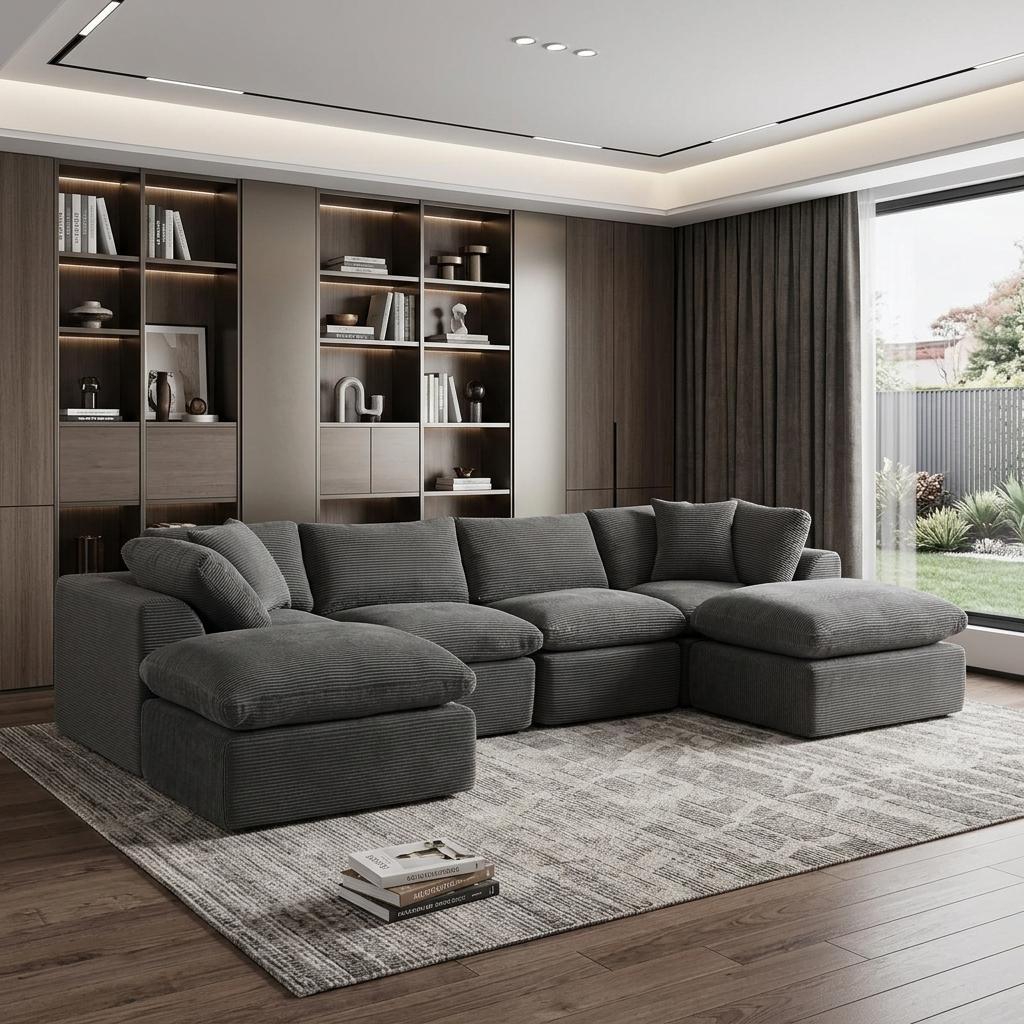 754774 140 in. Dark Gray Corduroy Modular Sofa with Ottoman & Toss Pillows