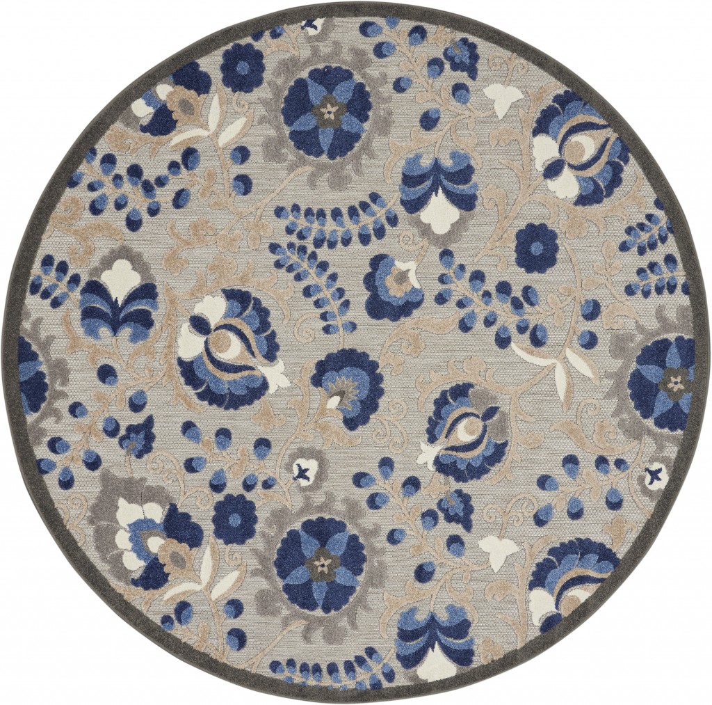 5 ft. Round Natural & Blue Indoor & Outdoor Area Rug