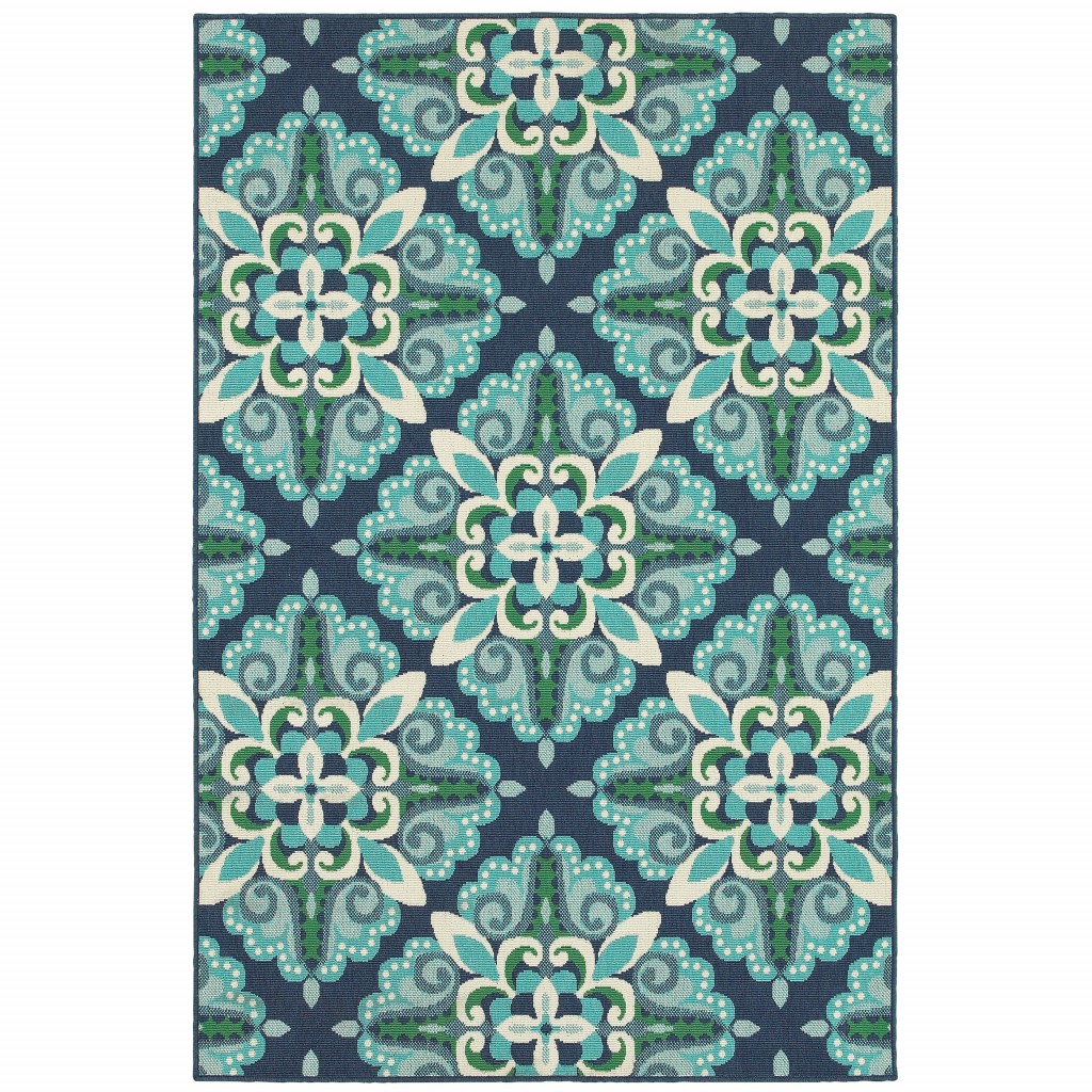 388667 4 x 6 ft. Floral Indoor Outdoor Area Rug, Blue & Green