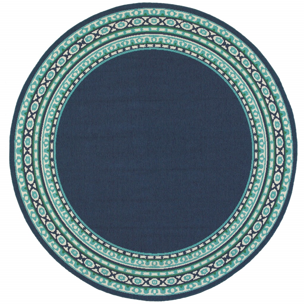 8 ft. Geometric Indoor Outdoor Round Rug, Navy & Green
