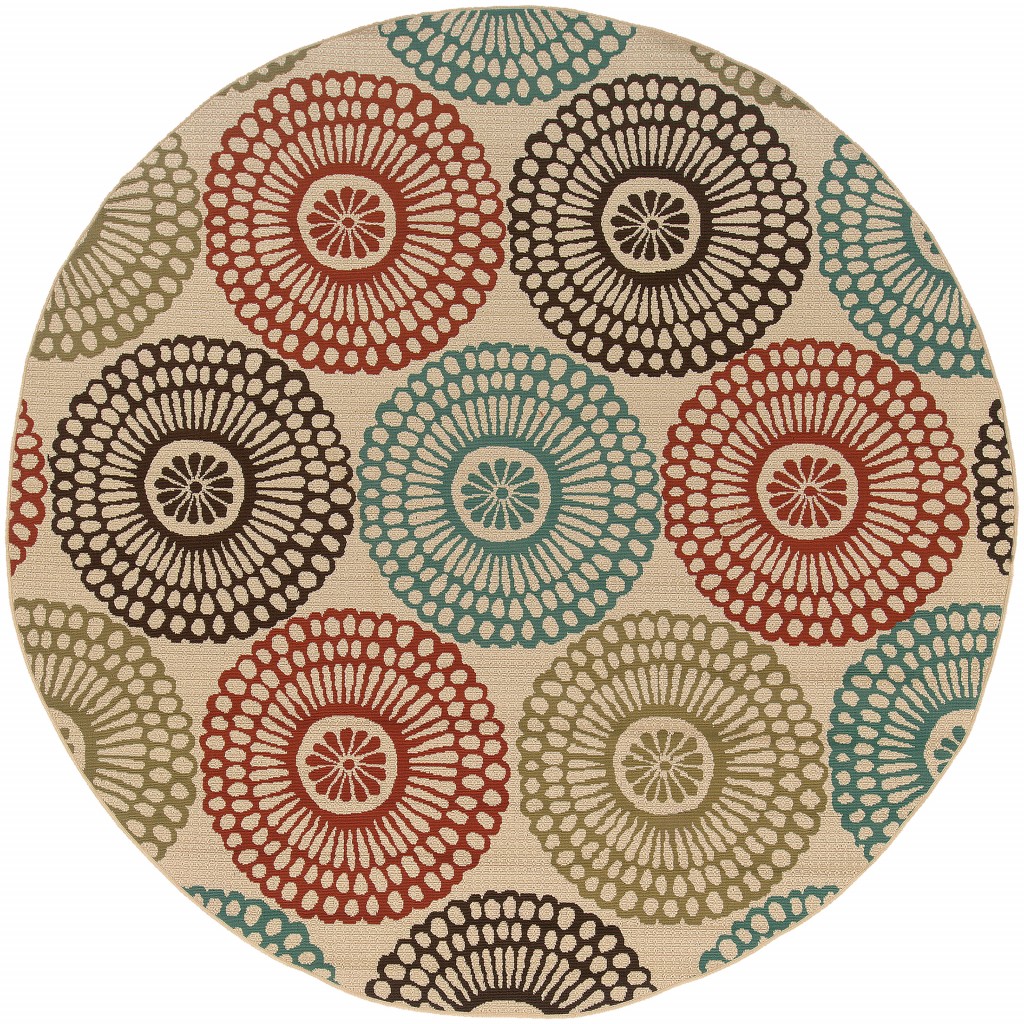 8 ft. Round Medallion Indoor Outdoor Area Rug - Beige & Blue