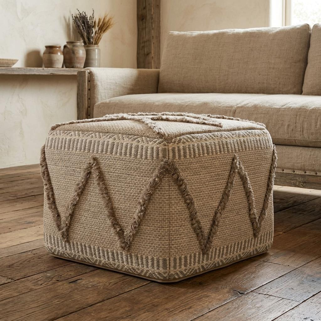 638534 18 in. Brown Cotton & Wool Geometric Pouf Ottoman