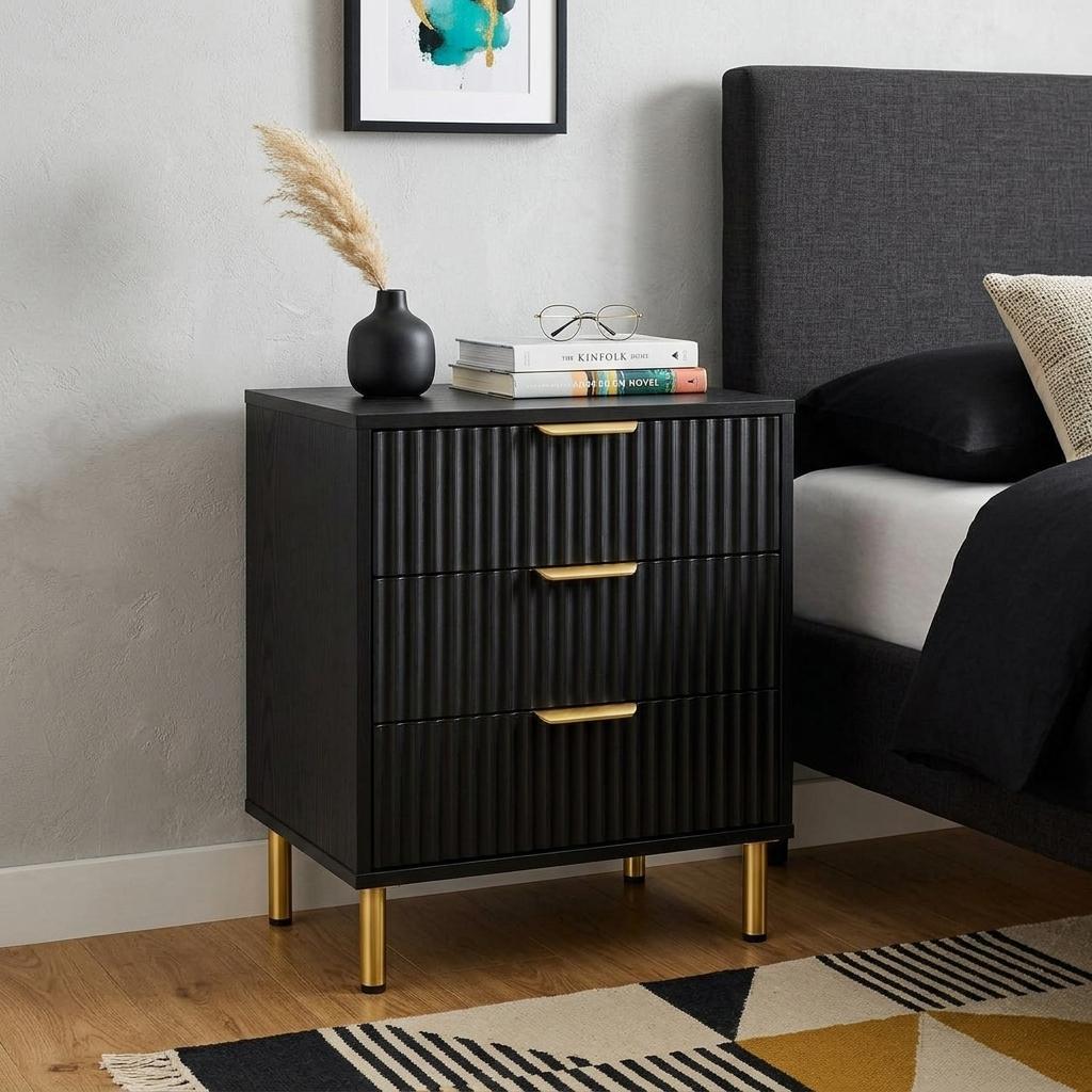 772556 24 in. Black Wood Ribbed Texture Three Drawer Nightstand