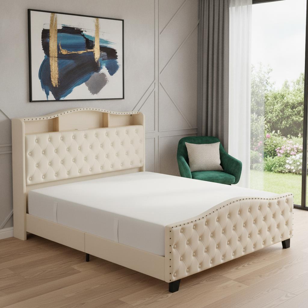 772599 Beige Tufted Velvet Upholstered King Size Bed Frame with Lights USB & Shelves