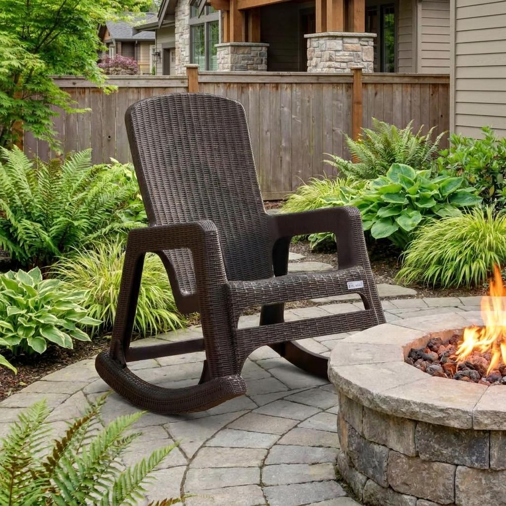 738100 30 in. Espresso Faux Rattan Heavy Duty Plastic Outdoor Rocking Rocking Chair