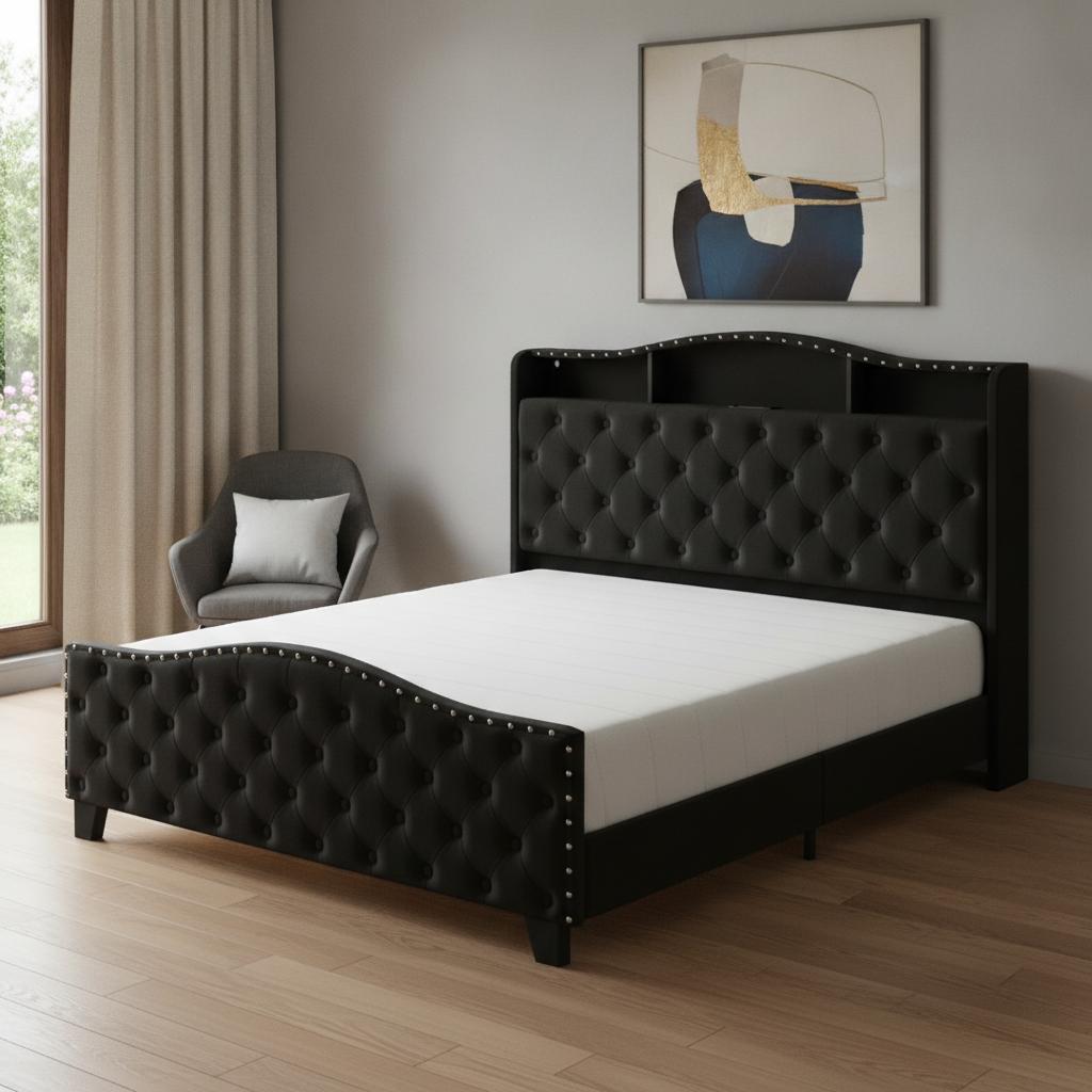 772598 Black Tufted Velvet Upholstered Queen Size Bed Frame with Lights USB & Shelves