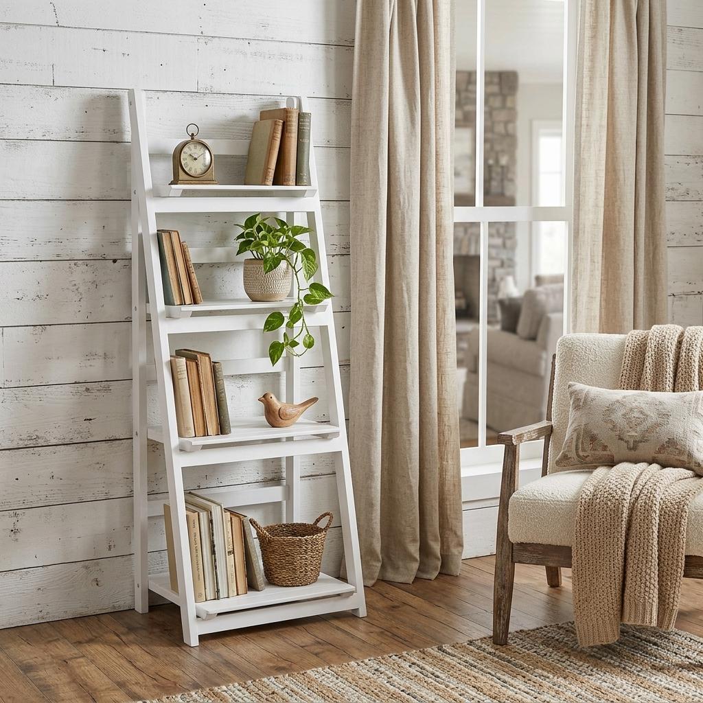 738650 44 in. White Distressed Wood Four Tier Ladder Bookcase