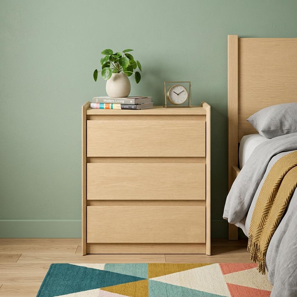 772560 24 in. Oak Wood Three Drawer Nightstand with USB Port & Integrated Tech