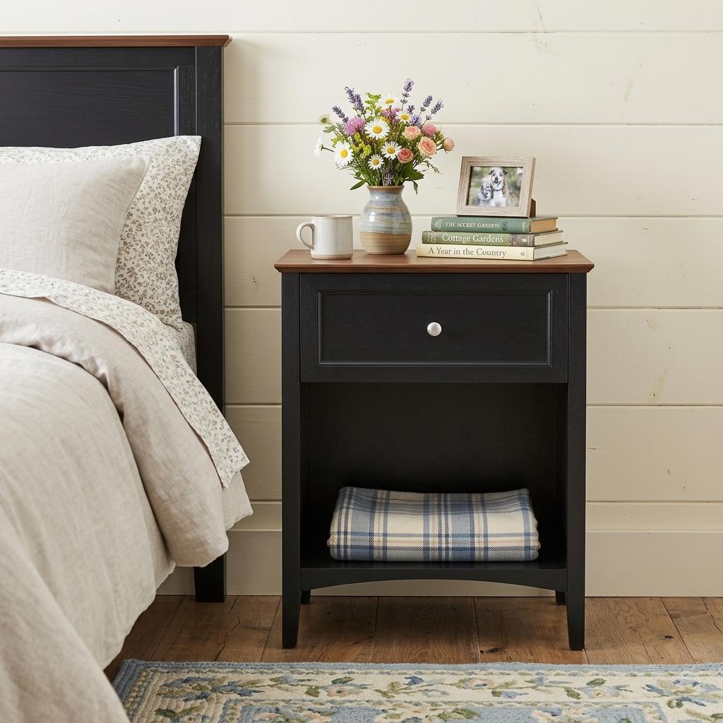 772576 26 in. Black Wood One Drawer Nightstand