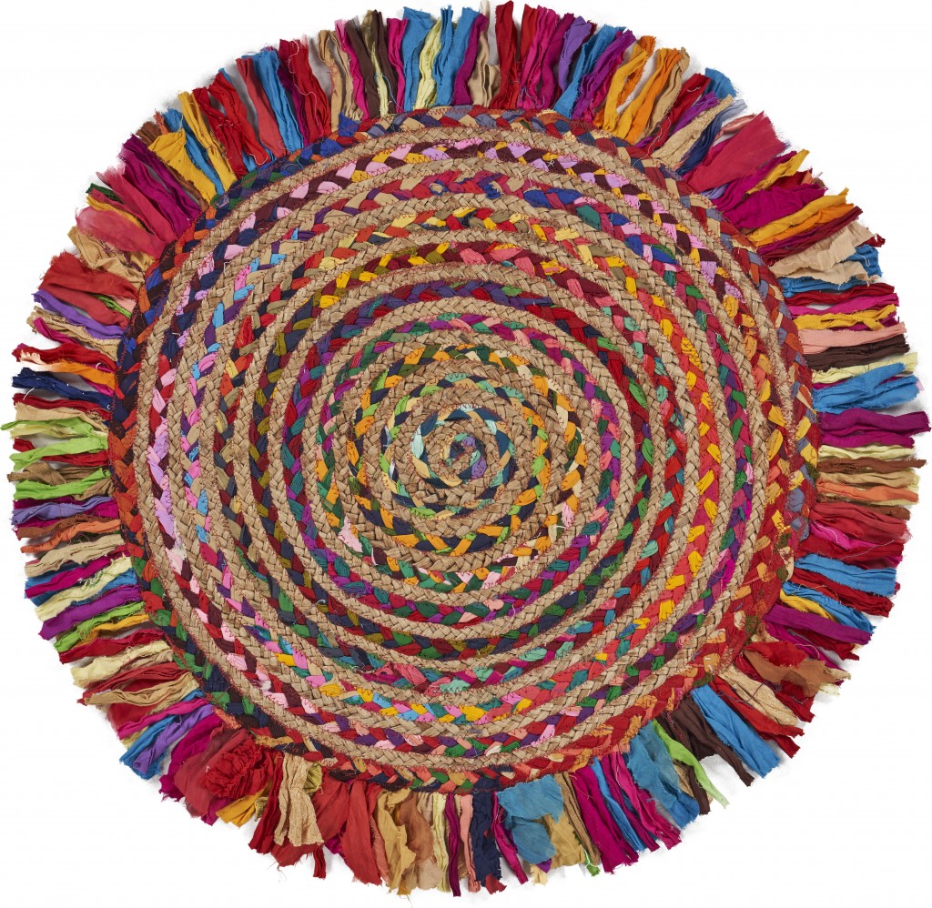 66 x 66 in. Multi Colored Chindi & Natural Jute Fringed Round Rug