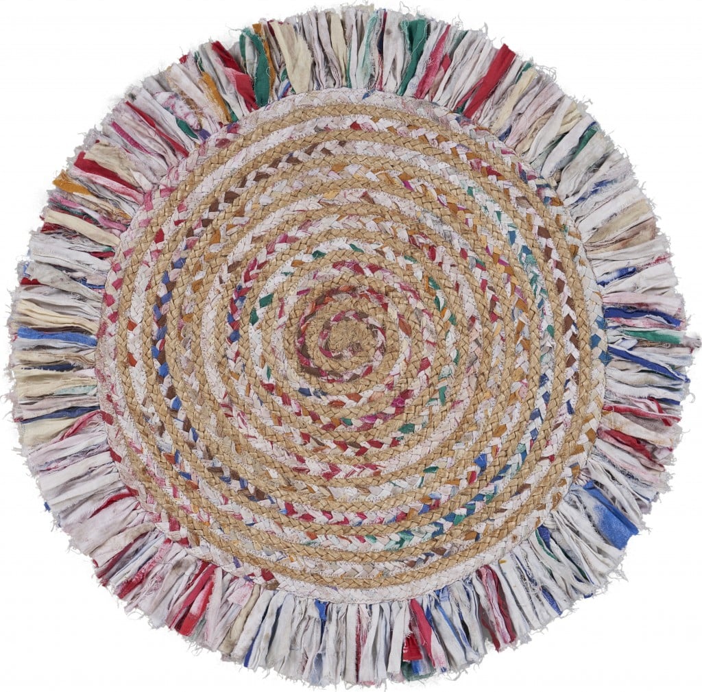 42 x 42 in. Bleached Multi Colored Chindi & Natural Jute Fringed Round Rug