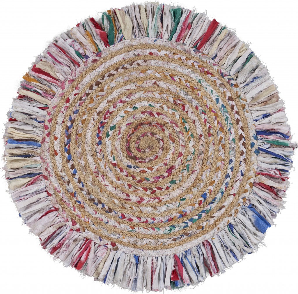 66 x 66 in. Bleached Multi Colored Chindi & Natural Jute Fringed Round Rug