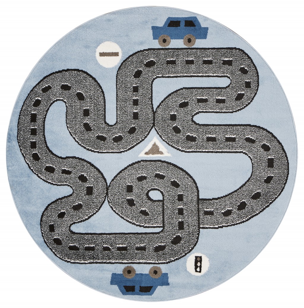 396315 5 ft. Round Blue Imaginative Racetrack Area Rug