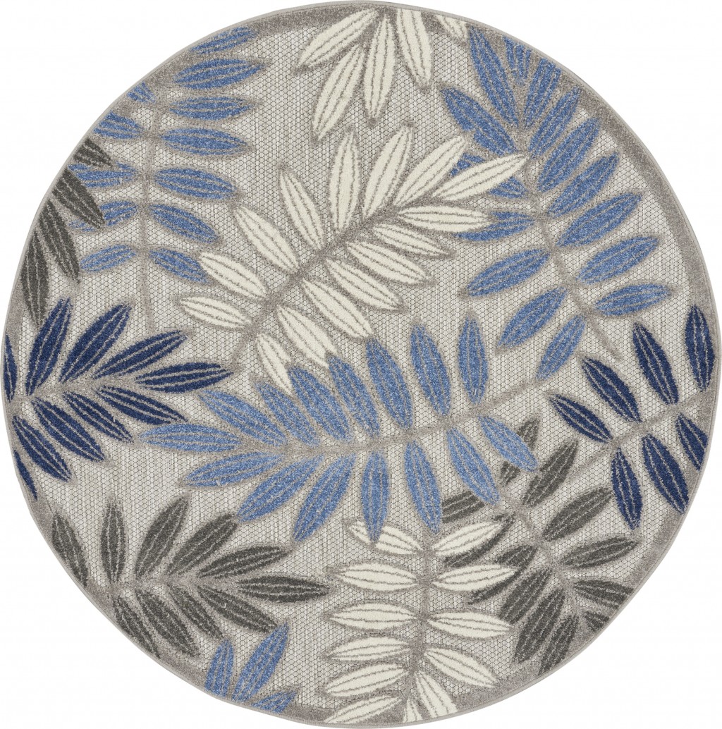 4 ft. Round Gray & Blue Leaves Indoor & Outdoor Area Rug