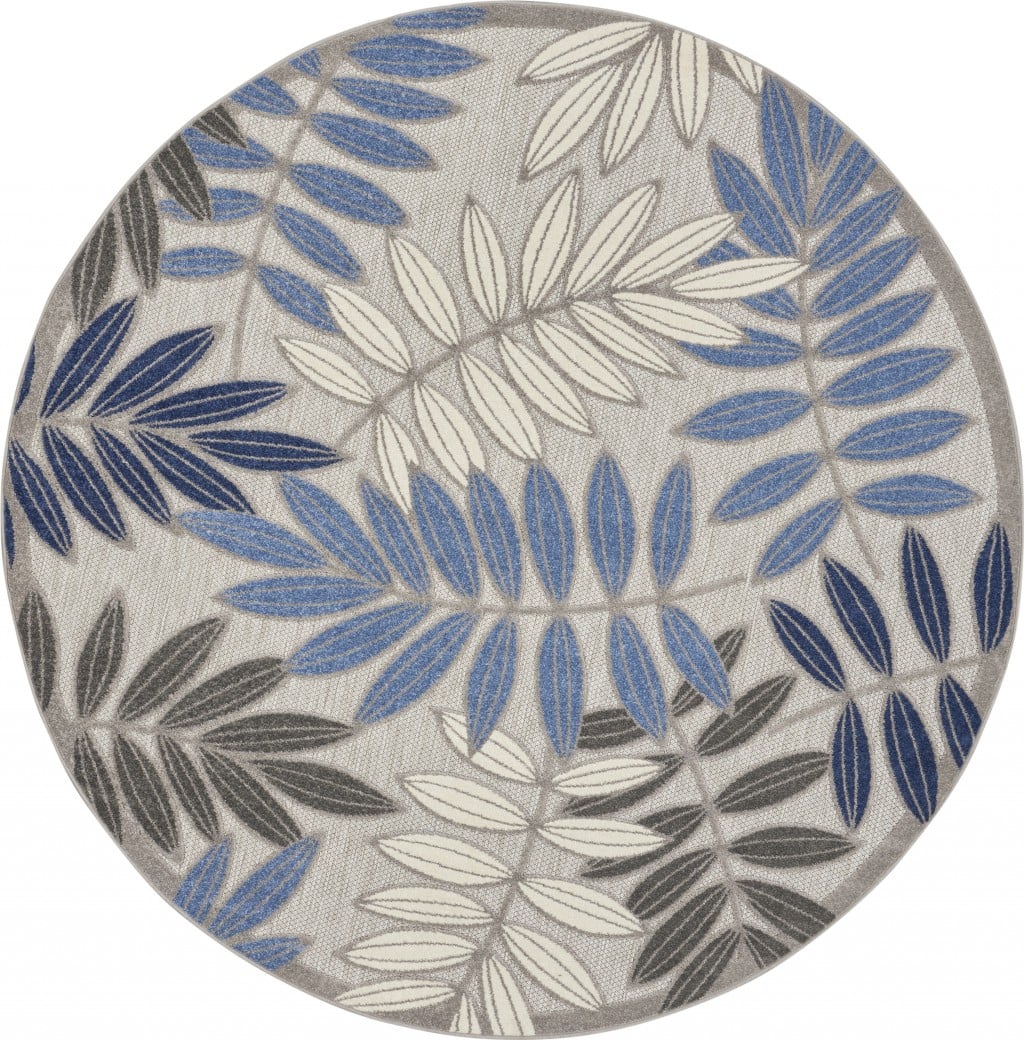 8 ft. Round Gray & Blue Leaves Indoor & Outdoor Area Rug