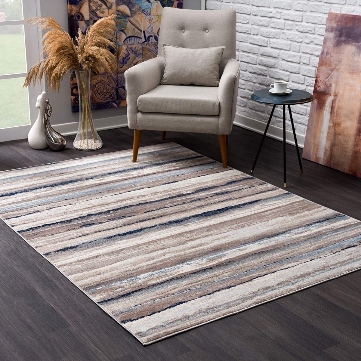 4 x 6 in. Distressed Stripes Rectangle Area Rug, Blue & Beige