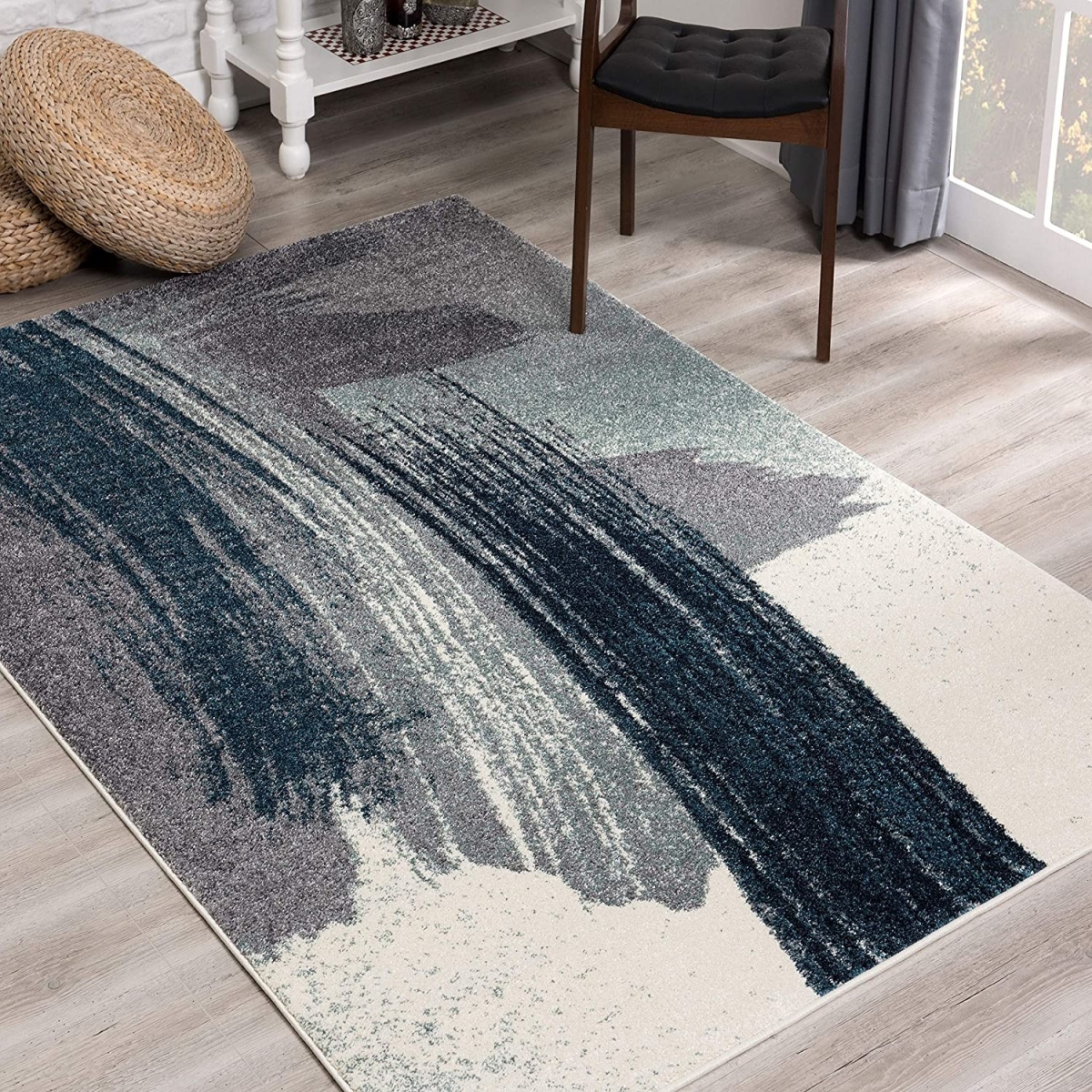 5 x 8 ft. White & Blue Abstract Strokes Area Rug