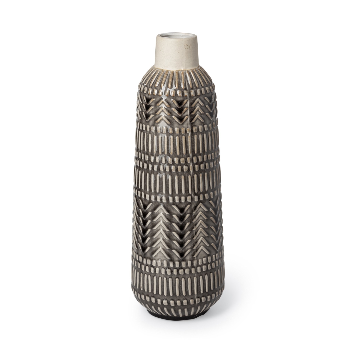 Picture of HomeRoots 397515 14 in. Black & Cream Organic Glaze Chevron Embossed Ceramic Vase